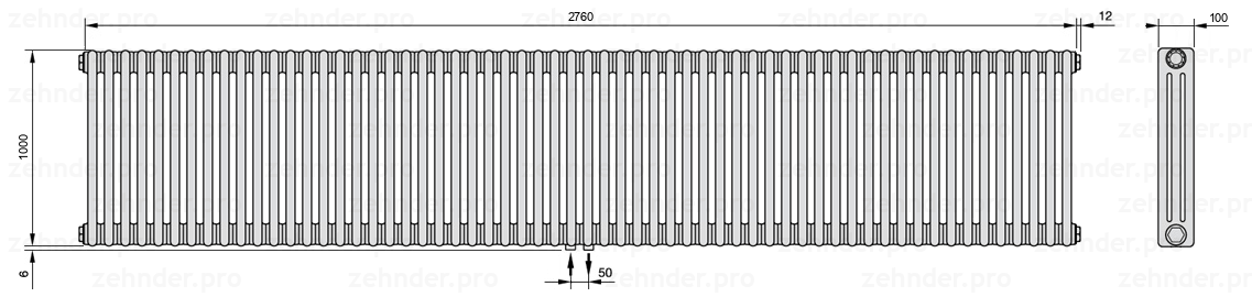 Схема (чертеж) Радиатор Zehnder Charleston 3100/60 №3470 Белый глянцевый RAL 9016